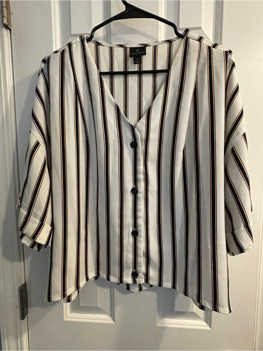 Worthington White Blouse with Black and Brown Stripes